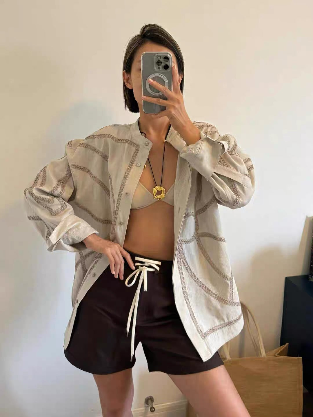 Corded Embroidery Stand Collar Shirt / コード刺繍スタンドカラーシャツ