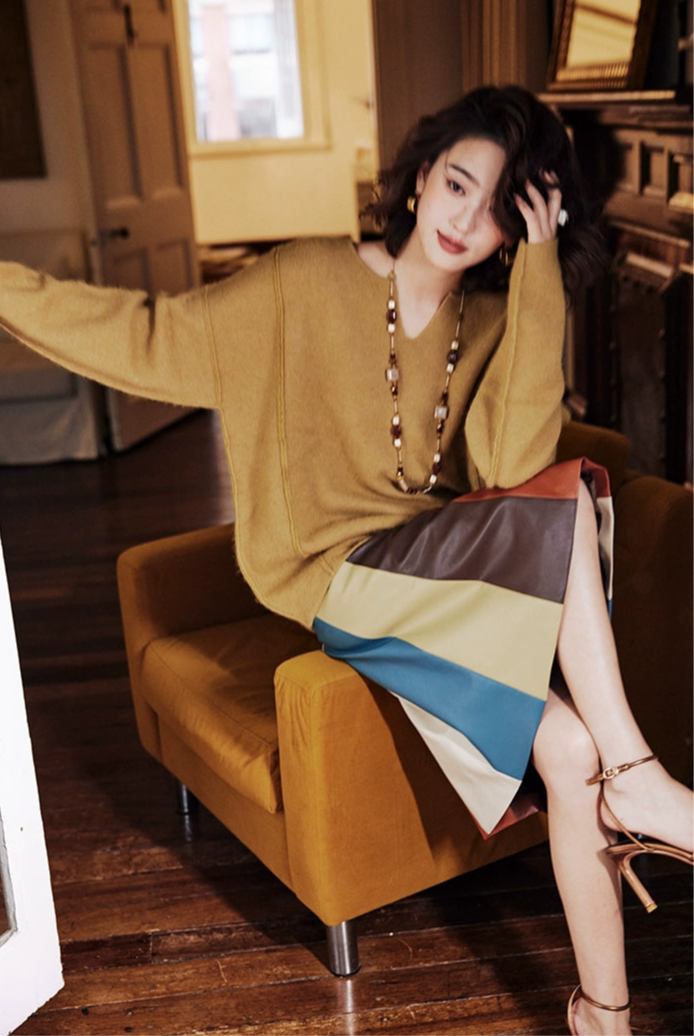 Contrast Design PU Leather Skirt / コントラストデザイン レザースカート