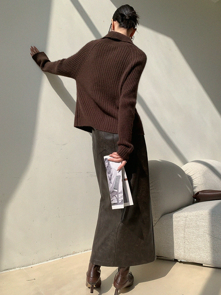 Leather Touch Slit Long Skirt