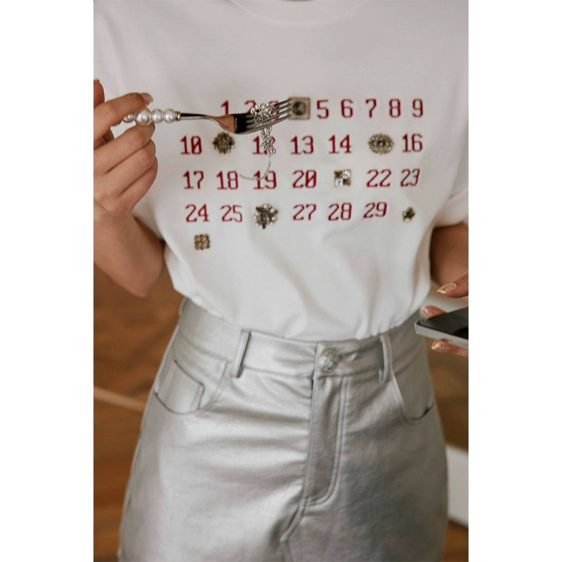 Date Embroidery White T-Shirt / 日付刺繍ホワイトTシャツ
