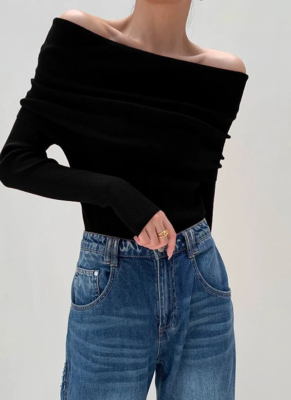 Draped Off-Shoulder Rib Knit / ドレープオフショルダーニット
