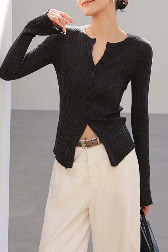 Nuance Damage Rib Knit Cardigan