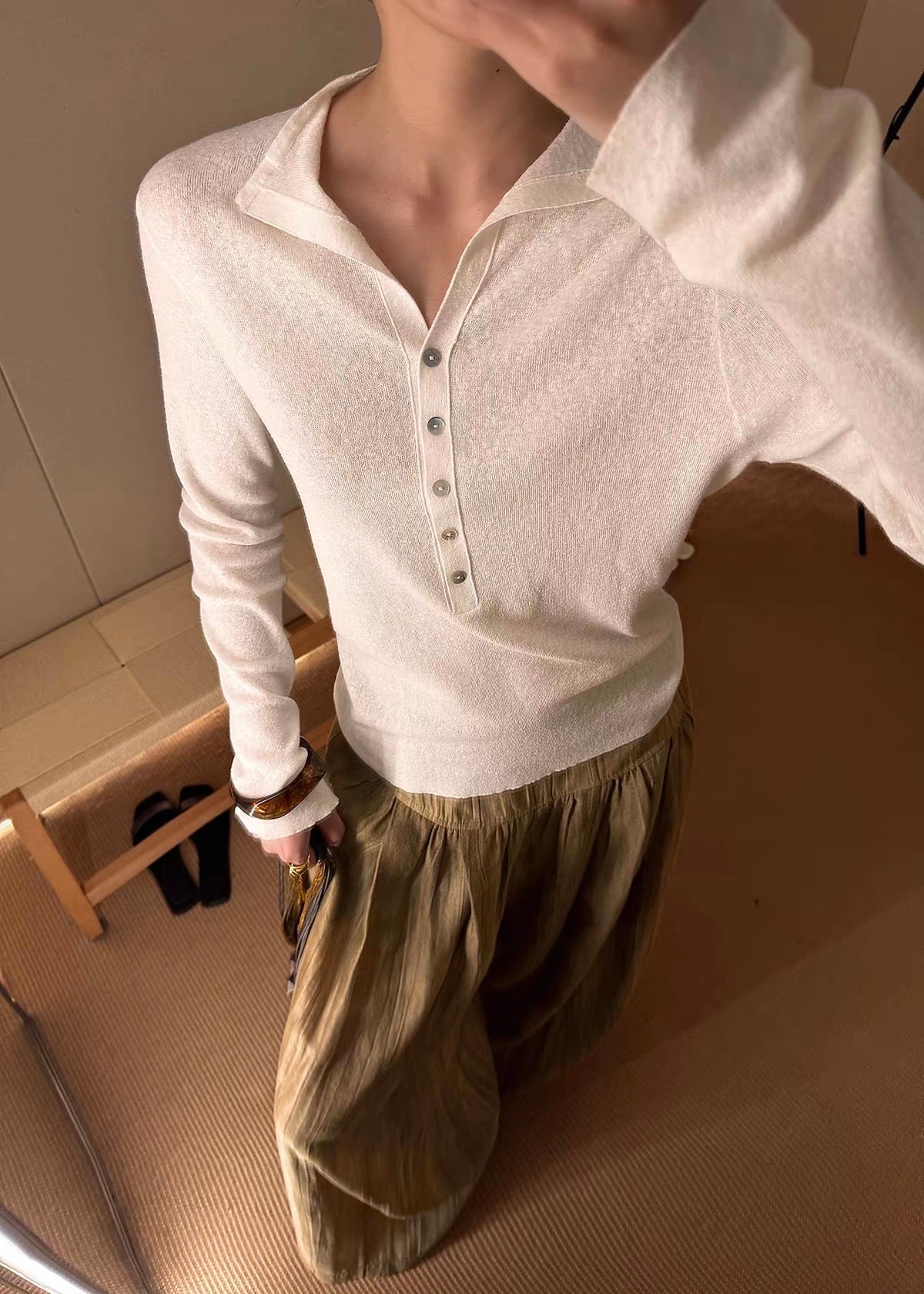 Linen Blend Button Knit Top