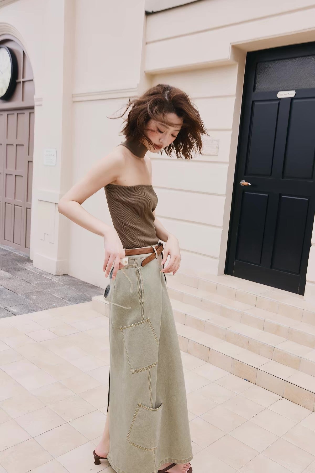 A Line Cargo Denim Skirt