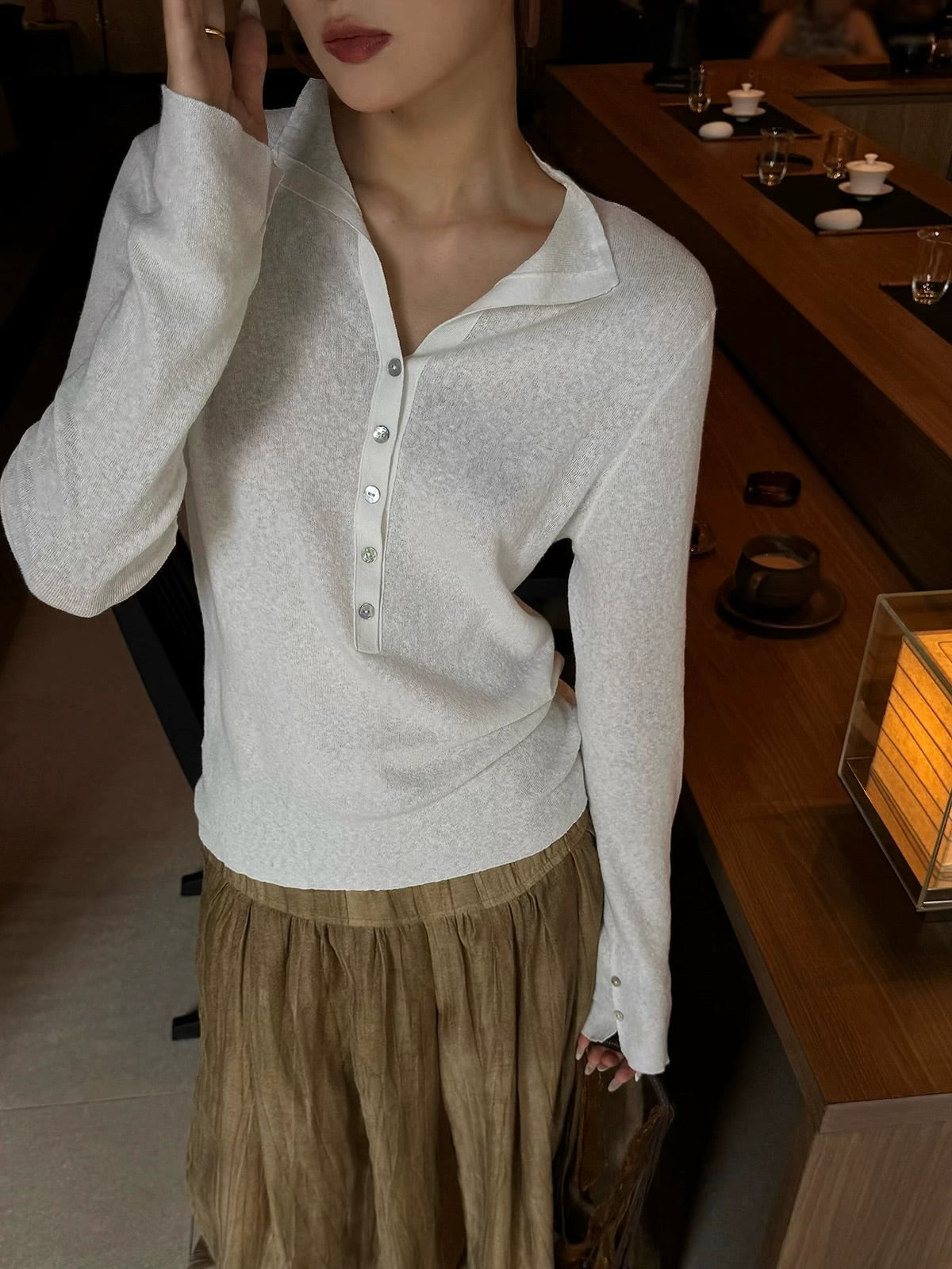 Linen Blend Button Knit Top