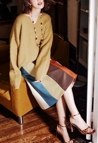 Contrast Design PU Leather Skirt / コントラストデザイン レザースカート