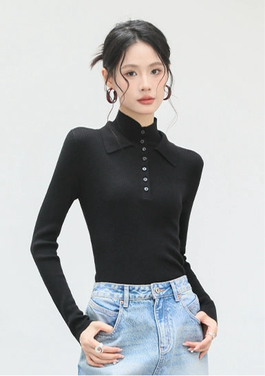 Collar Button Rib Knit Top / カラーボタンリブニットトップ