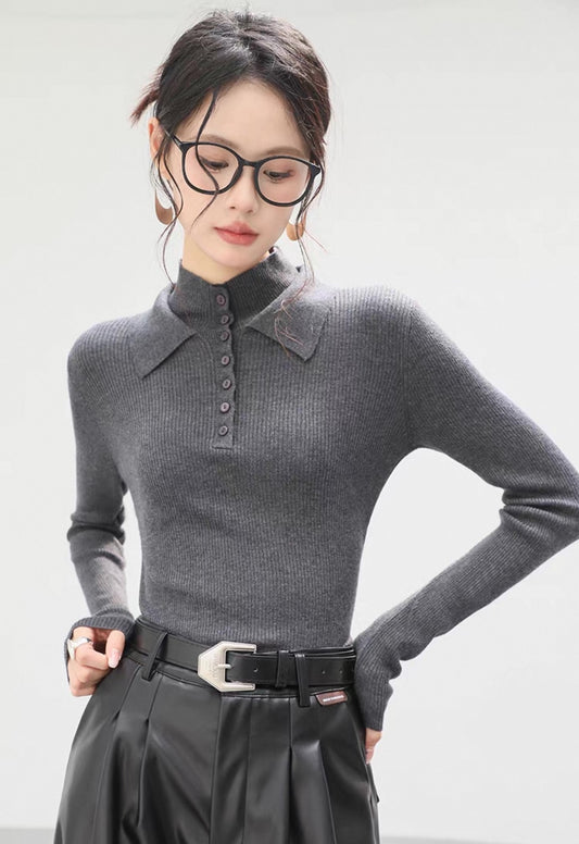 Collar Button Rib Knit Top / カラーボタンリブニットトップ