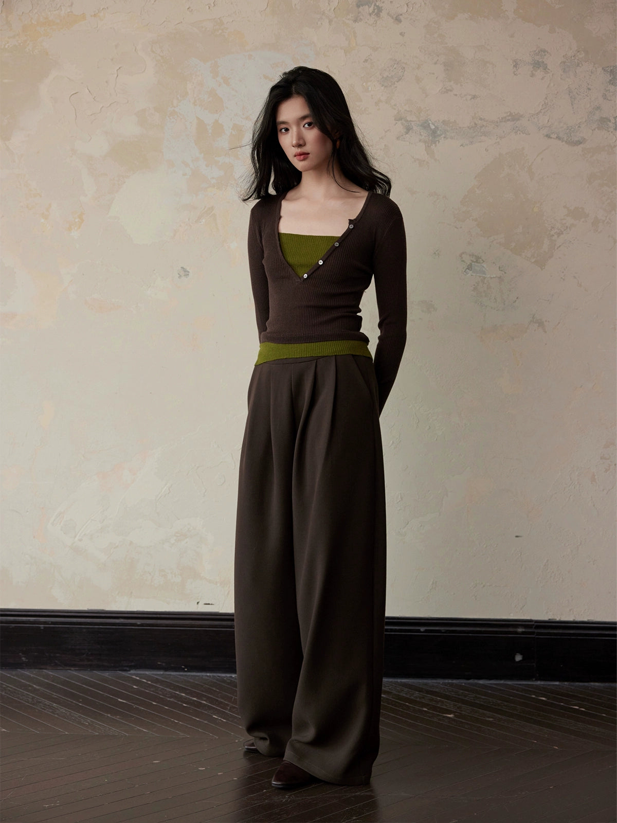 Wrap-Style Rib Wool Knit Top / カシュクールリブウールニットトップ