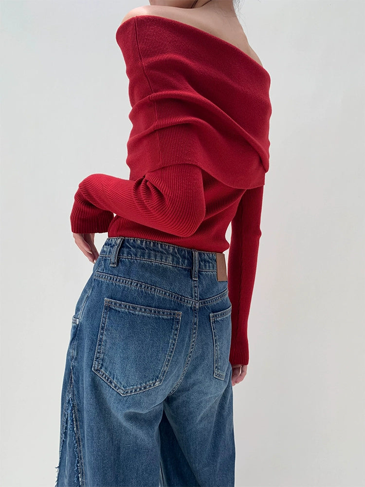 Draped Off-Shoulder Rib Knit / ドレープオフショルダーニット