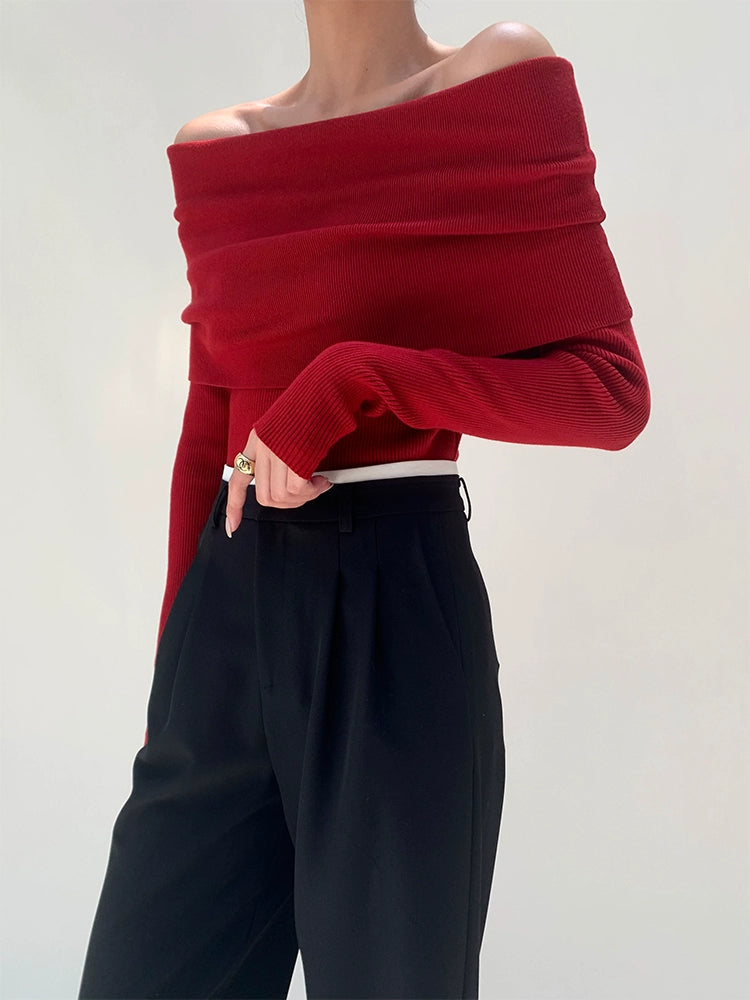 Draped Off-Shoulder Rib Knit / ドレープオフショルダーニット