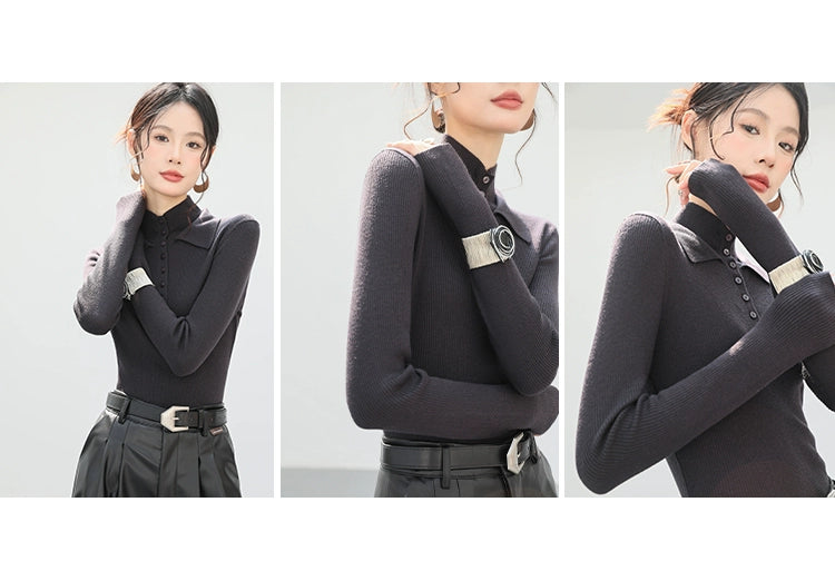 Collar Button Rib Knit Top / カラーボタンリブニットトップ