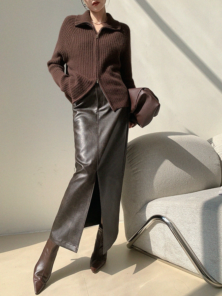Leather Touch Slit Long Skirt