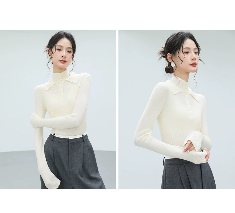Collar Button Rib Knit Top / カラーボタンリブニットトップ