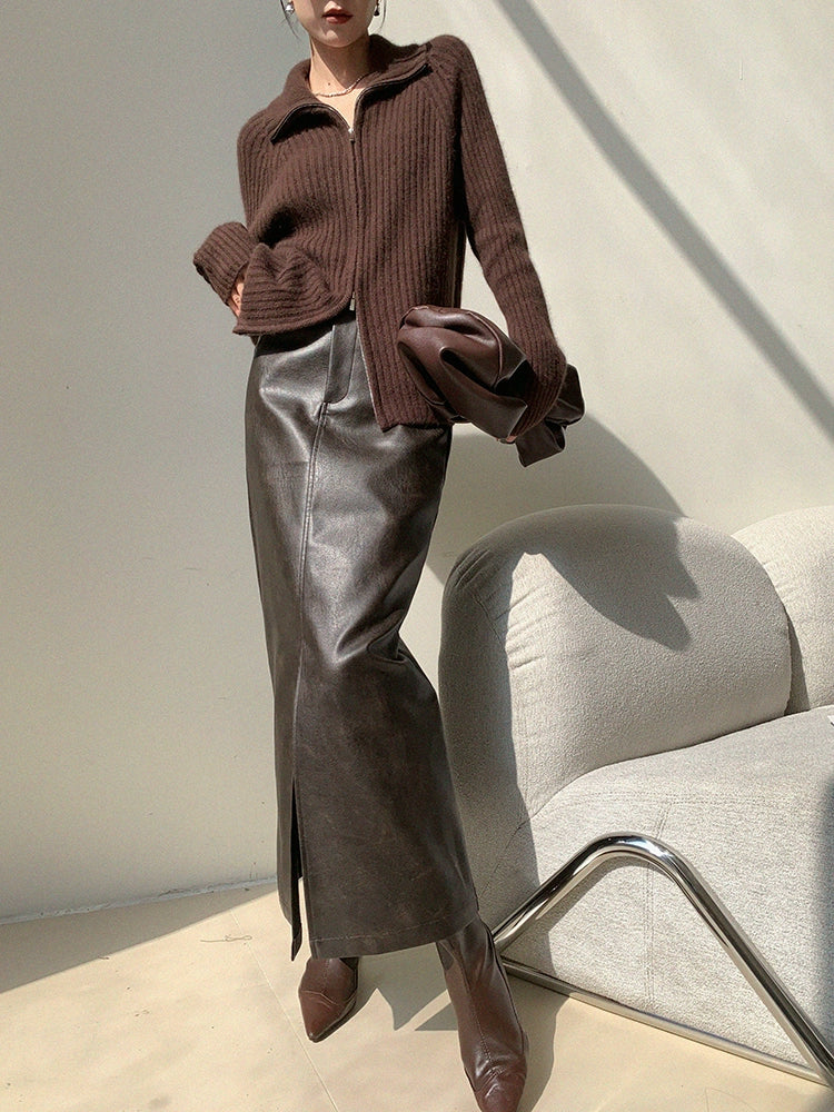 Leather Touch Slit Long Skirt