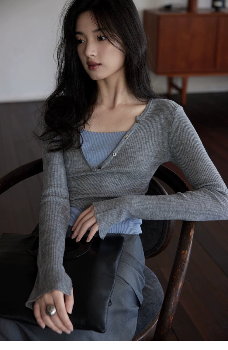 Wrap-Style Rib Wool Knit Top / カシュクールリブウールニットトップ