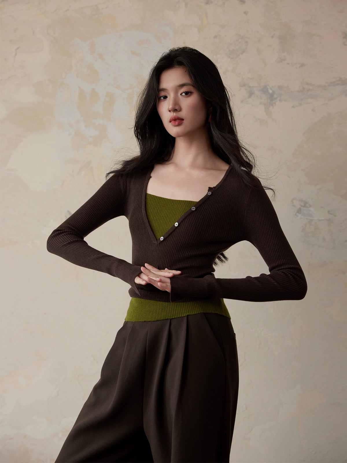 Wrap-Style Rib Wool Knit Top / カシュクールリブウールニットトップ