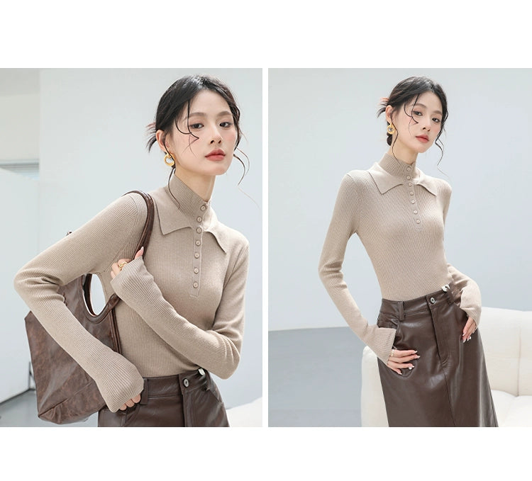 Collar Button Rib Knit Top / カラーボタンリブニットトップ