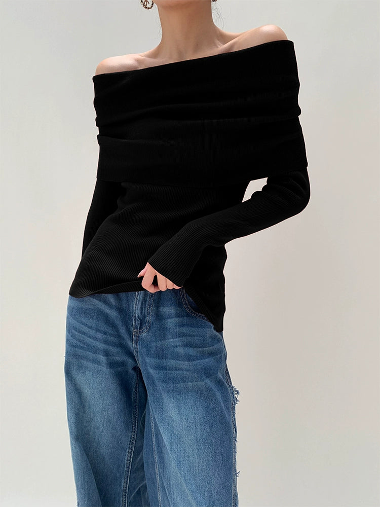 Draped Off-Shoulder Rib Knit / ドレープオフショルダーニット