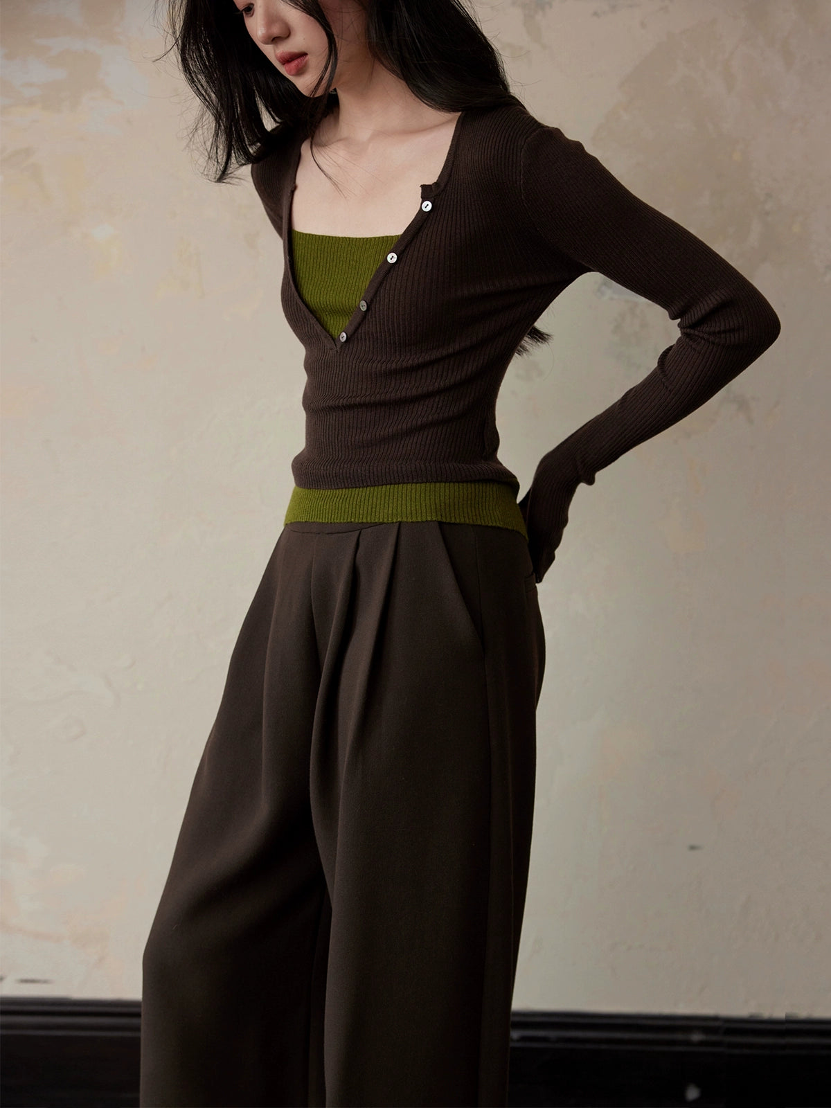 Wrap-Style Rib Wool Knit Top / カシュクールリブウールニットトップ