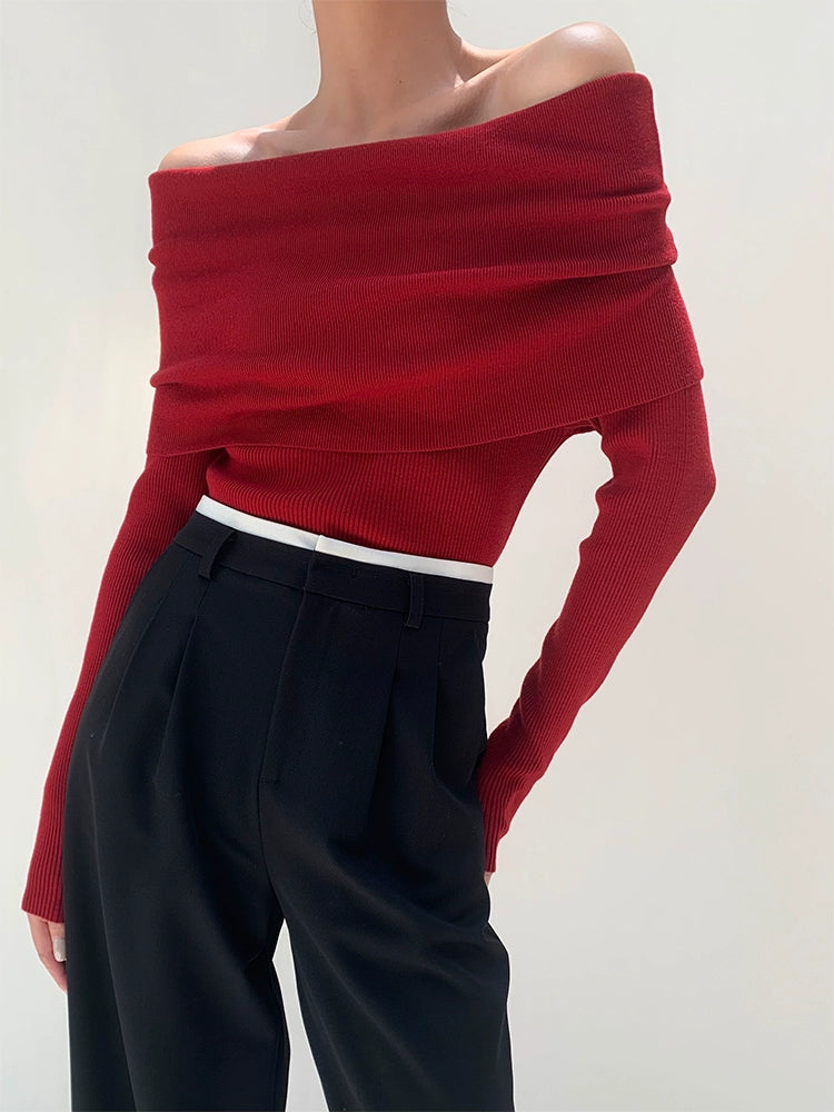 Draped Off-Shoulder Rib Knit / ドレープオフショルダーニット