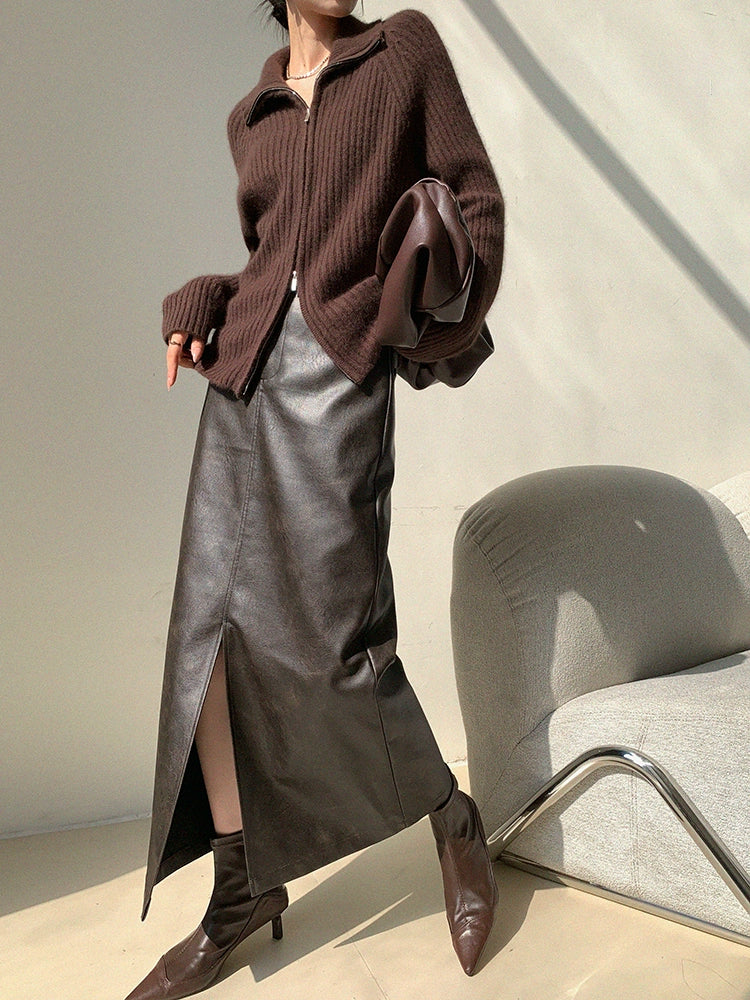 Leather Touch Slit Long Skirt