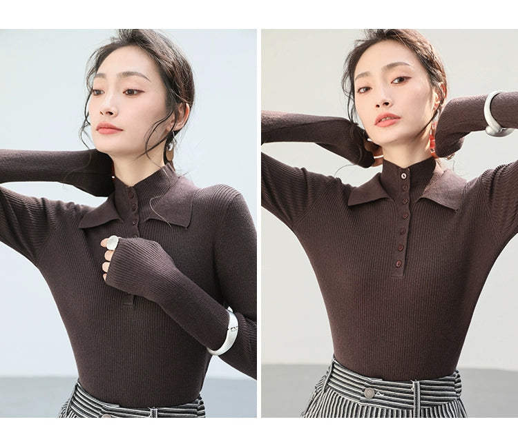Collar Button Rib Knit Top / カラーボタンリブニットトップ