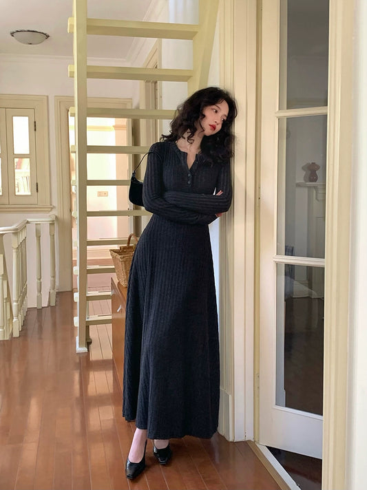 Ribbed Button Knit Dress / リブボタンロングニットワンピース