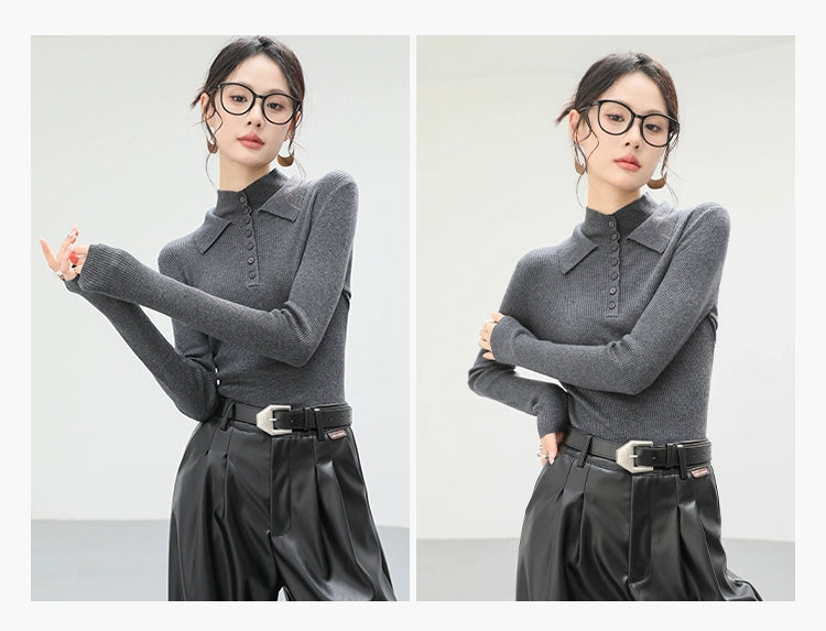 Collar Button Rib Knit Top / カラーボタンリブニットトップ