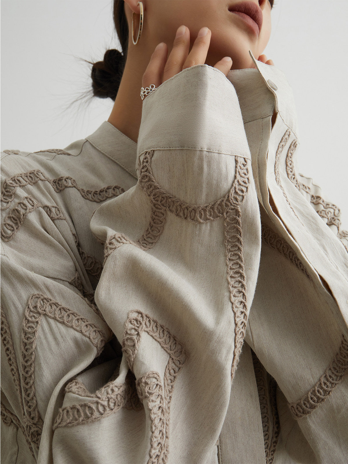 Corded Embroidery Stand Collar Shirt / コード刺繍スタンドカラーシャツ