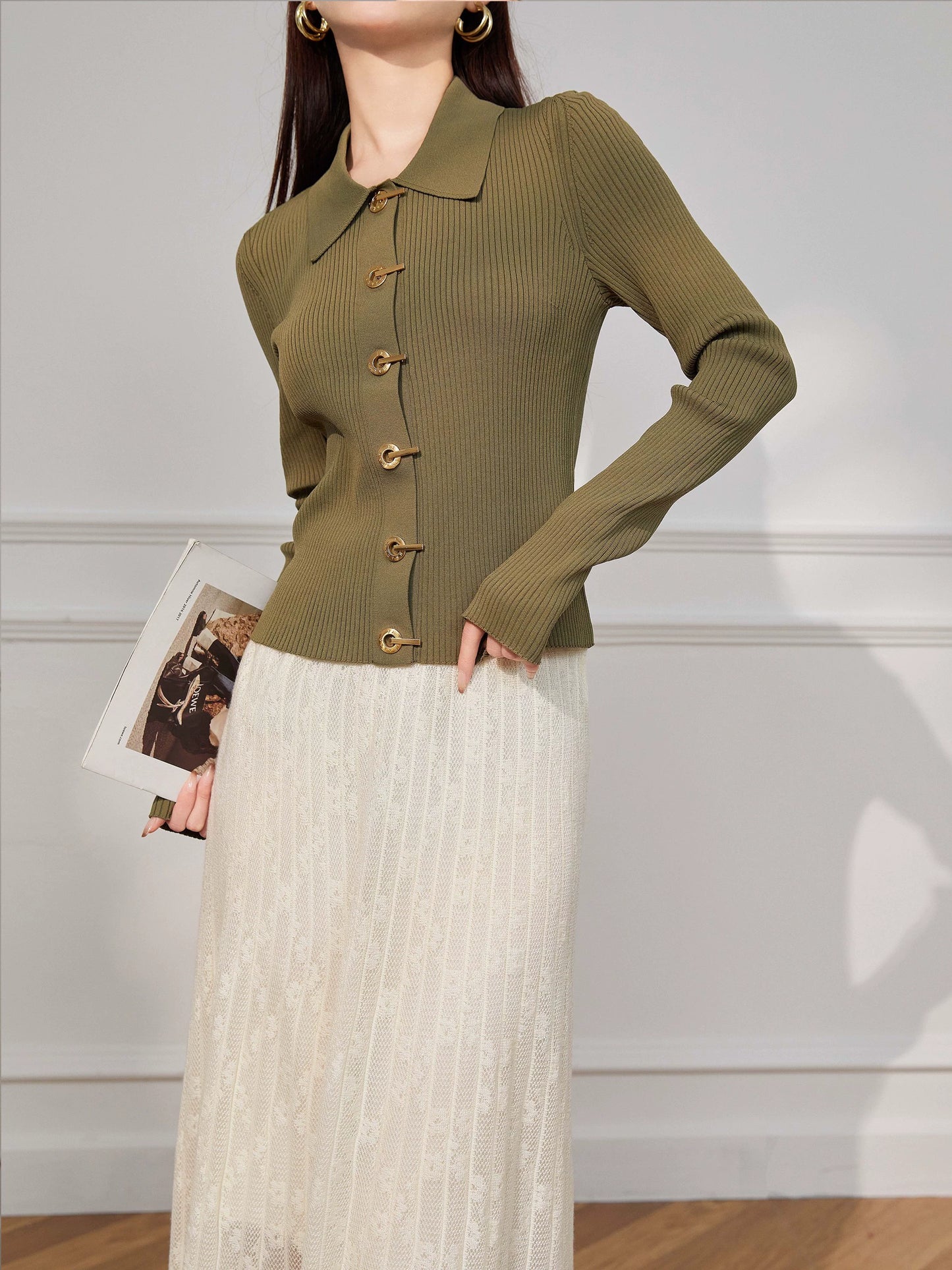 Hook Detail Rib Knit Cardigan / フックディテールリブニットカーディガン