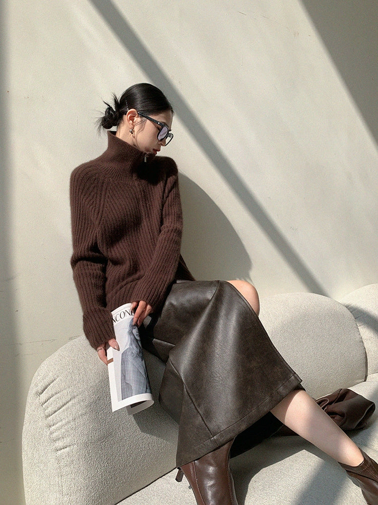 Leather Touch Slit Long Skirt
